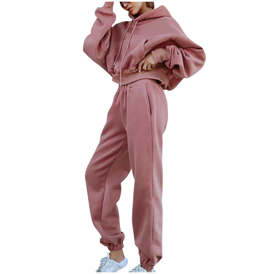 TAMBREET Women's Casual Solid Color Long Sleeved Hoodie Trousers Sweatershirt Sports Suit