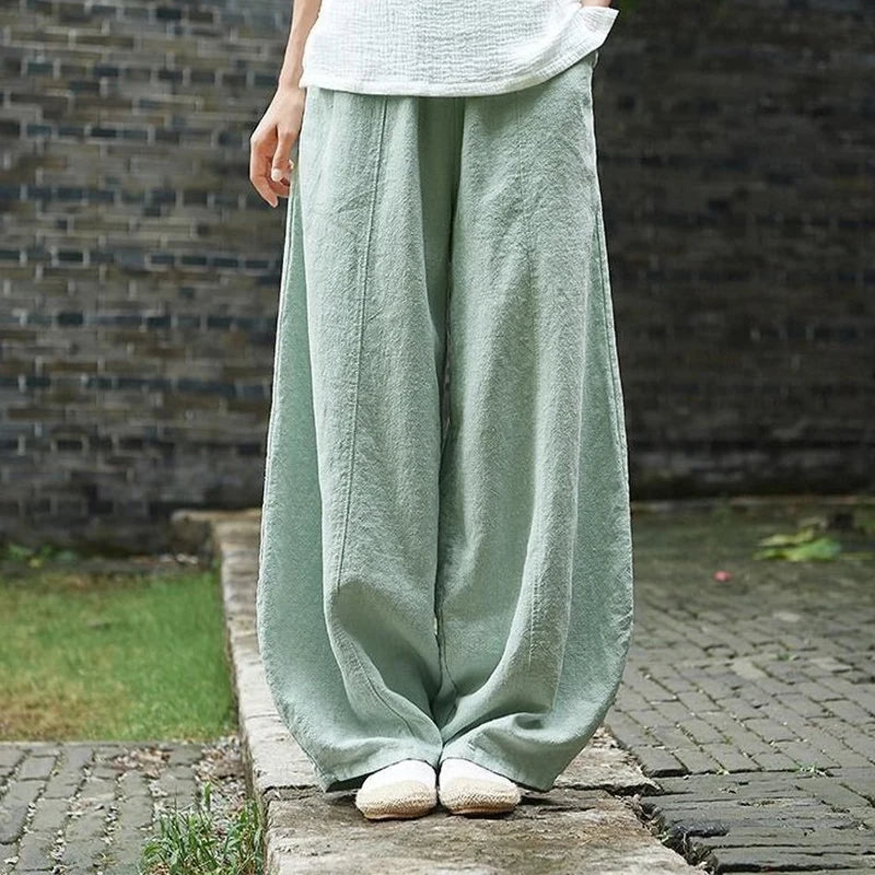 TAMBREET Women's Cotton Linen Bloomers Solid Elastic Waist Wide Leg Trousers Fashion Retro Harajuku Streetwear Autumn Trousers Female