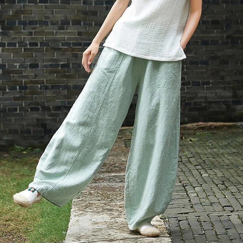 TAMBREET Women's Cotton Linen Bloomers Solid Elastic Waist Wide Leg Trousers Fashion Retro Harajuku Streetwear Autumn Trousers Female