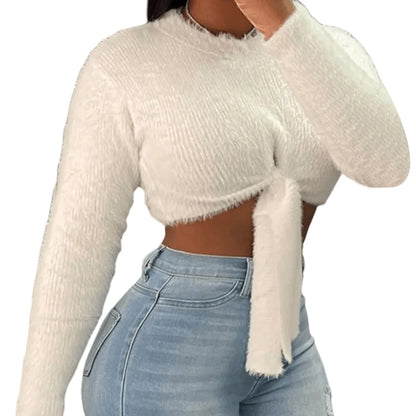 TAMBREET Women's Crop Top Sweater Fashion Female O-Neck Long Sleeve Pullover 2024 New Soft White Temperament Casual Knitted Sweater