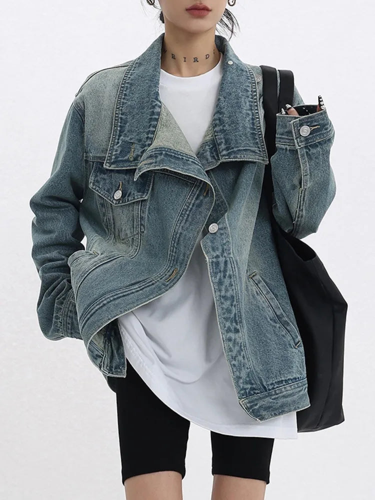 TAMBREET omen's Denim Coat Turtleneck Single Breasted Full Sleeve Patchwork Versatile Jacke Fashion Autumn Streetwear Denim Overcoat