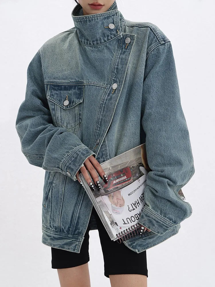 TAMBREET omen's Denim Coat Turtleneck Single Breasted Full Sleeve Patchwork Versatile Jacke Fashion Autumn Streetwear Denim Overcoat