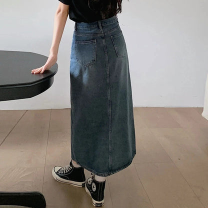 TAMBREET  Women's Denim Wrap Skirts Retro High Waisted Split A-Line Denim Skirt Autumn Fashion Straight Skirt Female