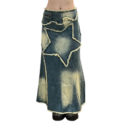 TAMBREET  Women's Distressed Denim Skirt  Fashion Retro Style Star Patchwork Party Club Casual Spring Autumn Summer High Street Long Dress