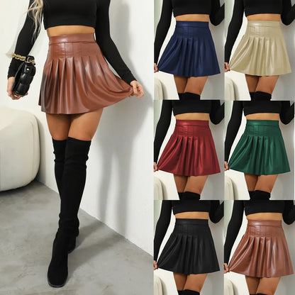 TAMBREET Women's Faux PU Leather Skirts Casual Clubwear High Waist Elastic Stretch Pleated A-Line Skirt QY