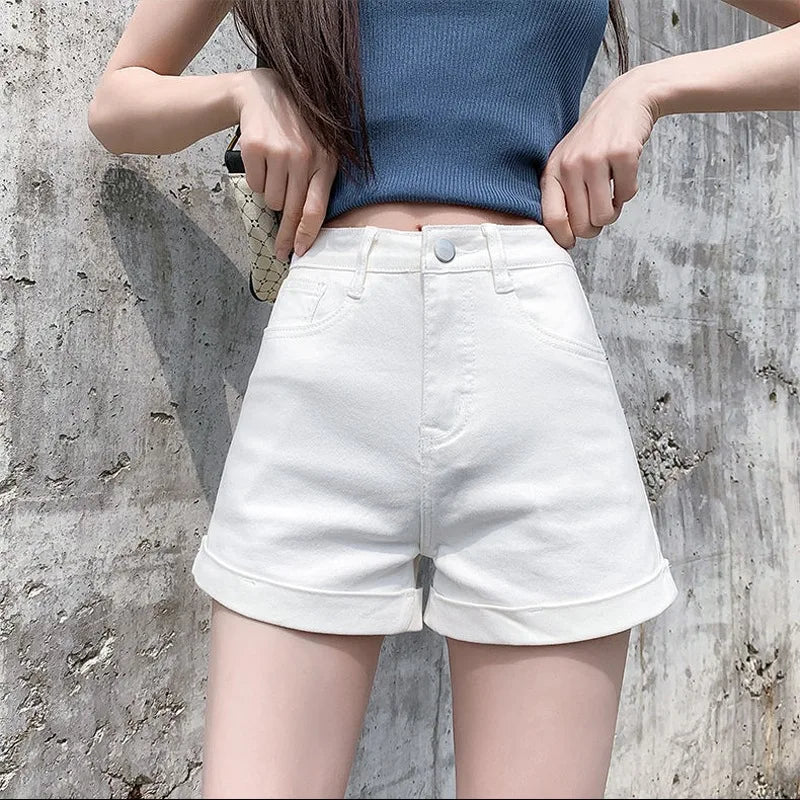 TAMBREET Women's Flapped Jeans Short Pants Casual High Waist Denim Shorts Female Clothing, Summer Pocket 2024