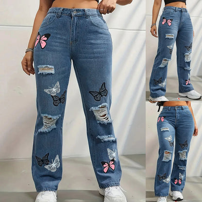 TAMBREET Women's High Waist Button Up Butterfly Print Jeans Fashion Casual Straight Pants for Women Spring Summer 2024 Chic Ripped Jeans