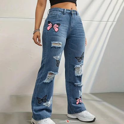 TAMBREET Women's High Waist Button Up Butterfly Print Jeans Fashion Casual Straight Pants for Women Spring Summer 2024 Chic Ripped Jeans