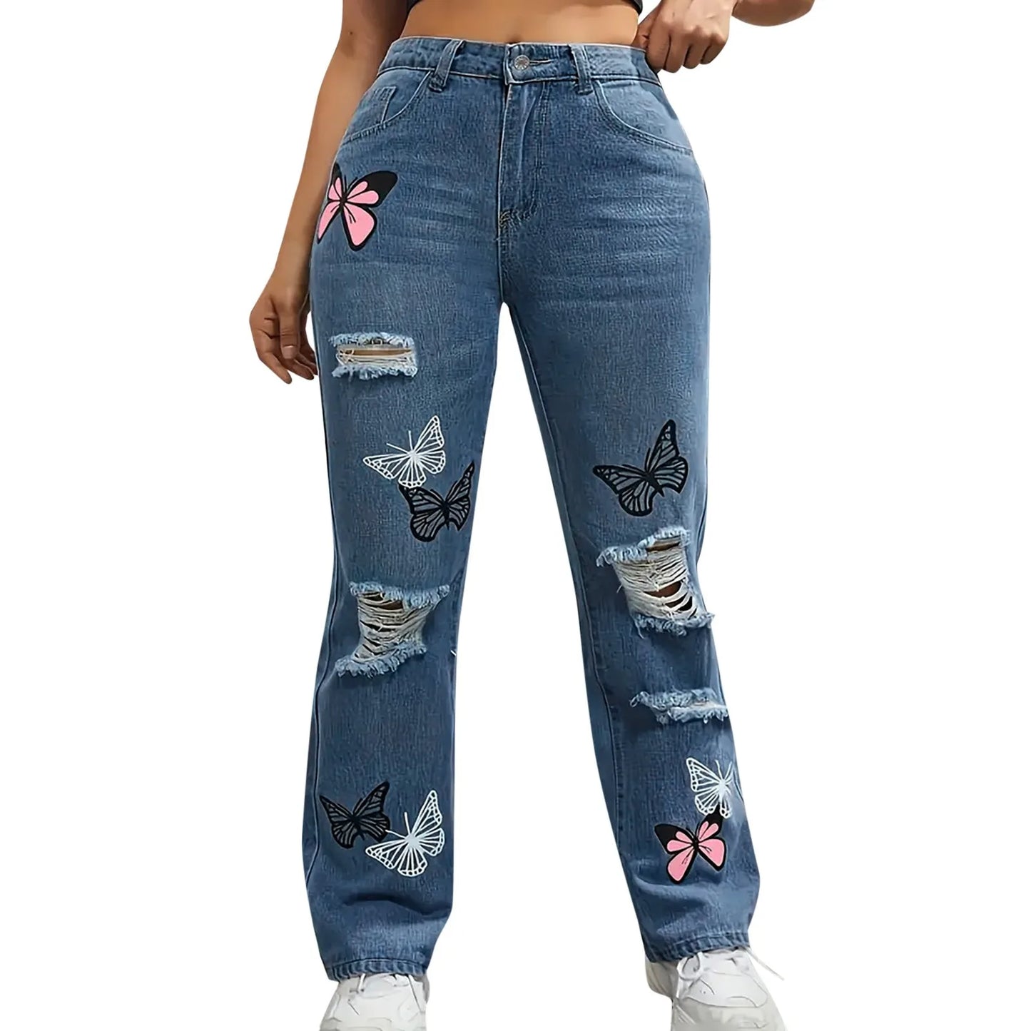 TAMBREET Women's High Waist Button Up Butterfly Print Jeans Fashion Casual Straight Pants for Women Spring Summer 2024 Chic Ripped Jeans