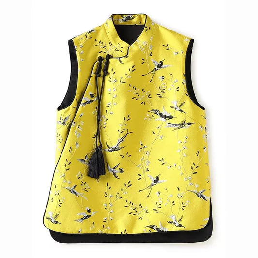 TAMBREET Women's Jackets Women Vest Chinese Light National Wind Jacket Vest Yellow Jacquard Vest Women's Spring Fashionable Vest Jacket