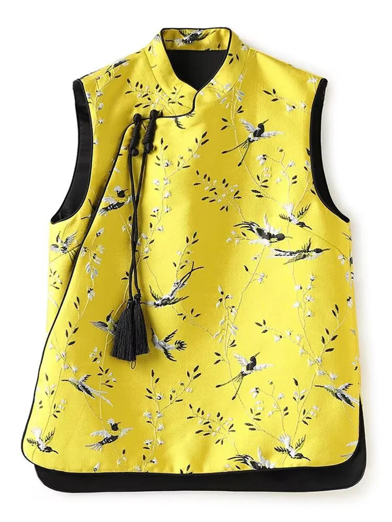 TAMBREET Women's Jackets Women Vest Chinese Light National Wind Jacket Vest Yellow Jacquard Vest Women's Spring Fashionable Vest Jacket