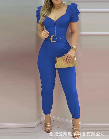 TAMBREET Women's Jumpsuit 2024 New Summer Female Clothing Elegant Street Trendsetters Solid Casual V-Neck Puff Sleeve High Waist Jumpsuit