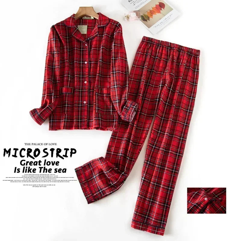 TAMBREET Women's Pajamas Plus Size S-XXXL Clothes Ladies Flannel Cotton Home Wear Suit Autumn Winter Pajamas Plaid Print Sleep Tops