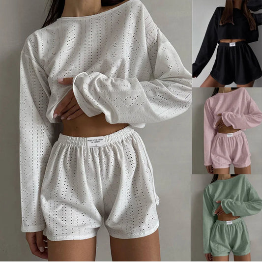 TAMBREET Women's Pajamas Set Spring Long Sleeve Tops With Shorts Sleepwear 2 Piece Set Loose Round Neck Home Wear Loungewear Pyjama Femme