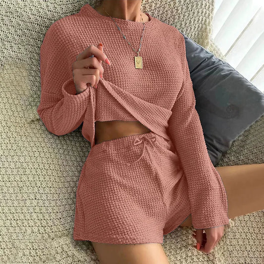 TAMBREET Women's Pajamas Sets Waffle Knit Casual Pyjamas Female Pijamas Mujer Homewear Soft Sleepwear Long Sleeve Cami Top Shorts Suit