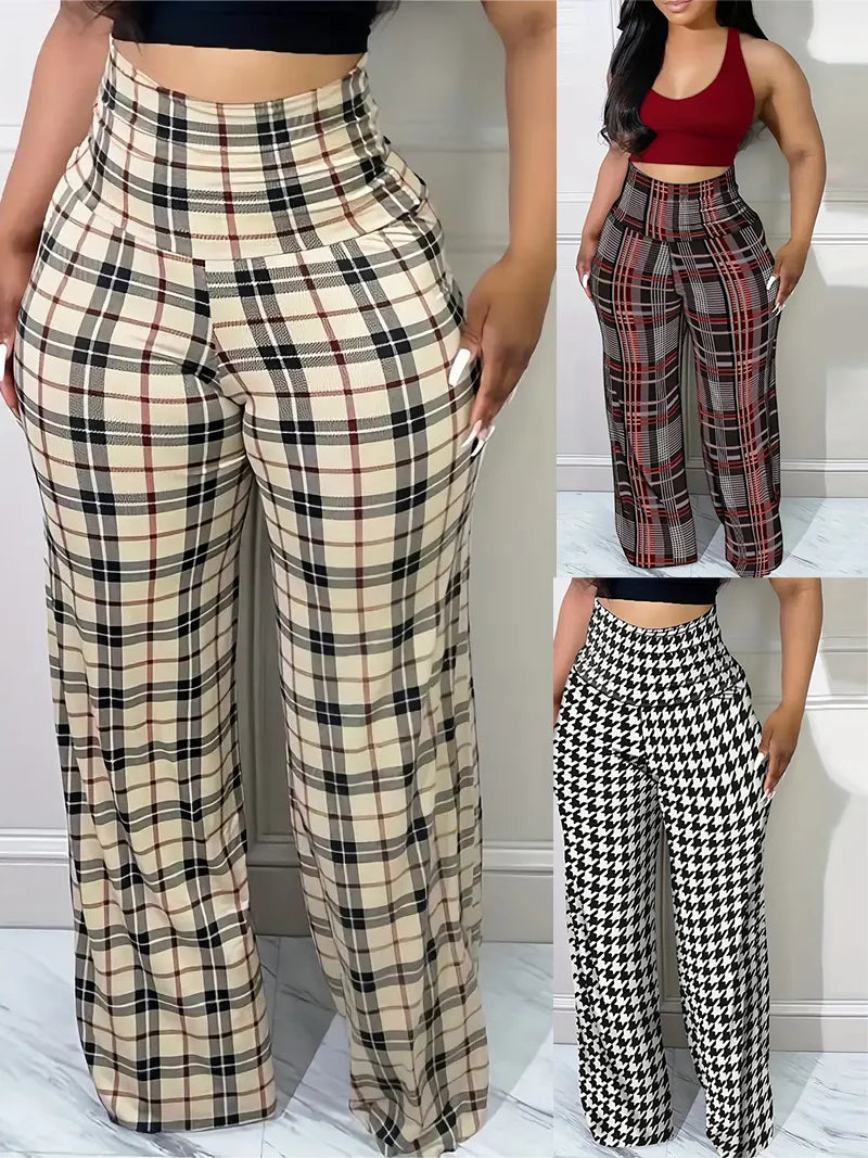 TAMBREET Women's Plaid Wide Leg Pants  High Waist Casual Loose Trousers for Spring   Summer