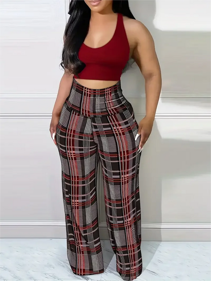 TAMBREET Women's Plaid Wide Leg Pants  High Waist Casual Loose Trousers for Spring   Summer