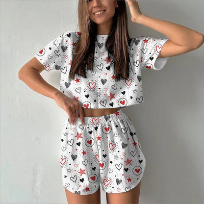 TAMBREET Women's Print Pajamas Set Summer Casual Women's Short Sleeve Tops Shorts Sleepwear 2 Piece Set Loose Round Neck Home Loungewear