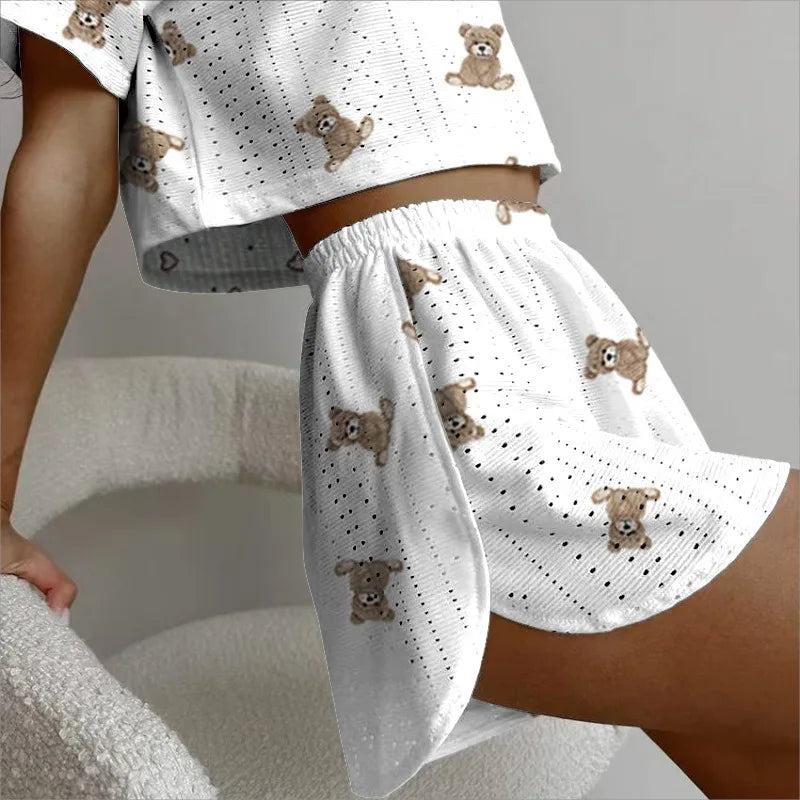 TAMBREET Women's Print Pajamas Set Summer Casual Women's Short Sleeve Tops Shorts Sleepwear 2 Piece Set Loose Round Neck Home Loungewear