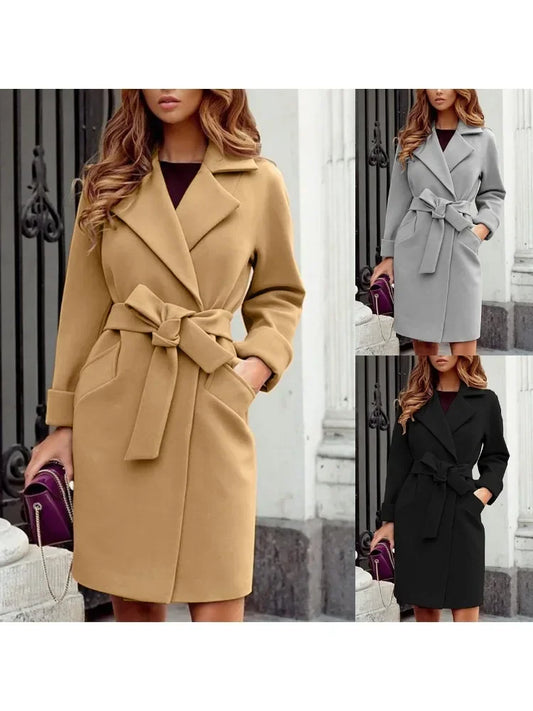 TAMBREET Women's S-2XL Size New Fashion Slim Fit Waist Belt Flip Collar Woolen Coat trench coat  trench coat for women