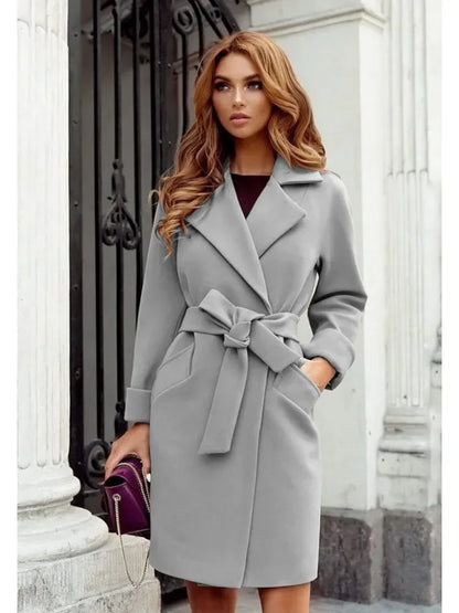 TAMBREET Women's S-2XL Size New Fashion Slim Fit Waist Belt Flip Collar Woolen Coat trench coat  trench coat for women