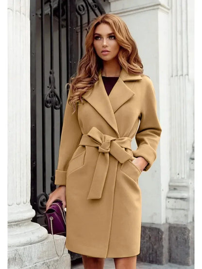 TAMBREET Women's S-2XL Size New Fashion Slim Fit Waist Belt Flip Collar Woolen Coat trench coat  trench coat for women