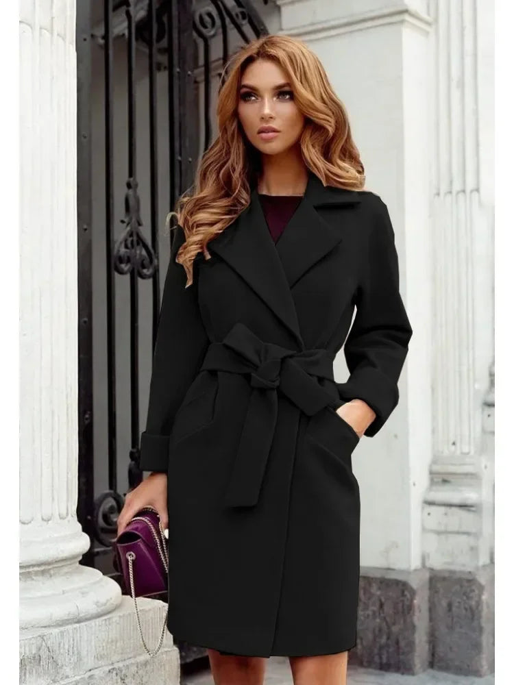 TAMBREET Women's S-2XL Size New Fashion Slim Fit Waist Belt Flip Collar Woolen Coat trench coat  trench coat for women