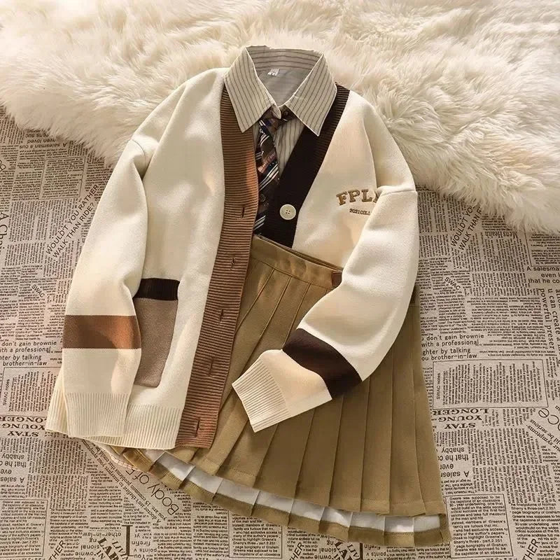 TAMBREET Women's Sets 2024 New College Style Striped Shirts Knitted Coat Pleated Skirts Fashion Ladies Sweet Three Piece Women's Clothing