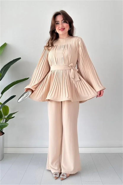 TAMBREET Women's Sexy Round Neck Flare Sleeves Pleated Top and Long Pants Set, Monochromatic, Spring Fashion, Elegant, 2 Pcs