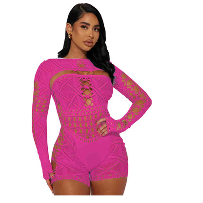 TAMBREET Women's Sexy Sheer Mesh Hollow Out Night Club Short Jumpsuit Rompers Long Sleeve Skinny Shorts Bodysuit One Piece Romper