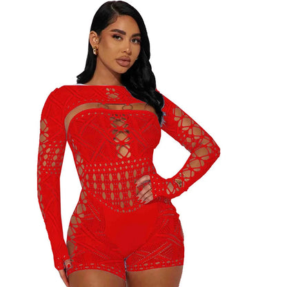 TAMBREET Women's Sexy Sheer Mesh Hollow Out Night Club Short Jumpsuit Rompers Long Sleeve Skinny Shorts Bodysuit One Piece Romper