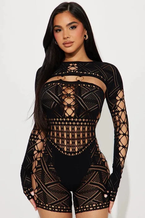 TAMBREET Women's Sexy Sheer Mesh Hollow Out Night Club Short Jumpsuit Rompers Long Sleeve Skinny Shorts Bodysuit One Piece Romper