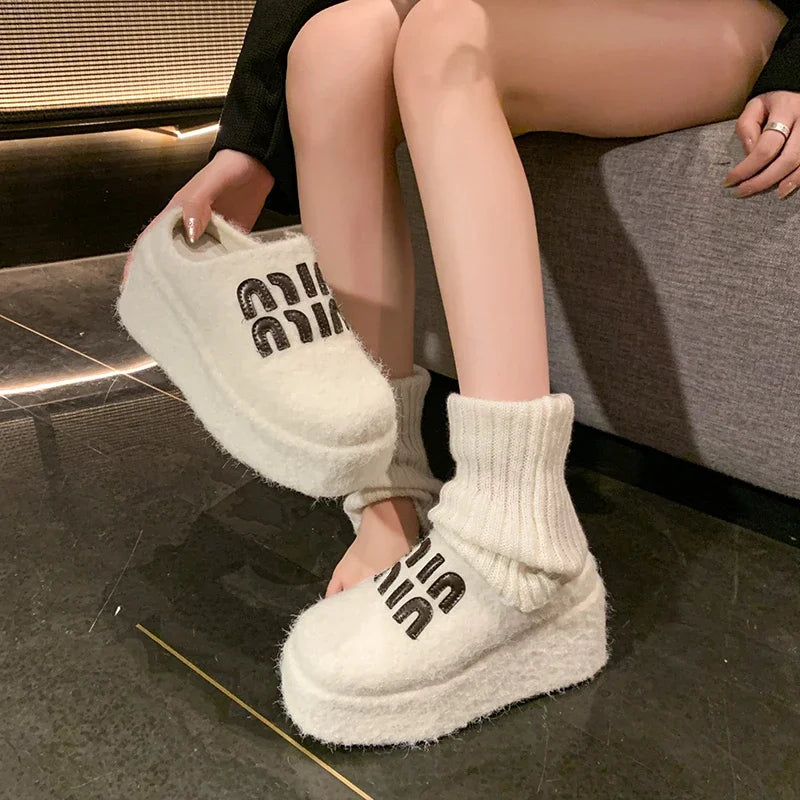 TAMBREET Women's Slippers Winter New Thick Bottom Felt Collocation Color Baotou Cotton Drag Fashion Temperament Increase Nonslip Slippers