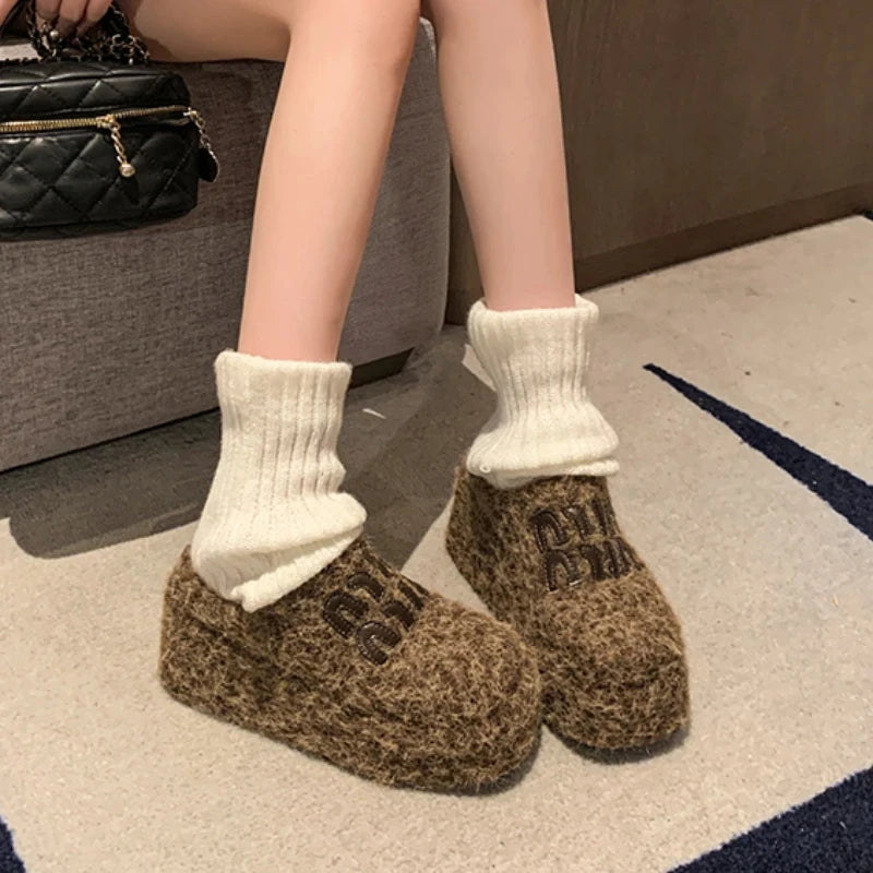 TAMBREET Women's Slippers Winter New Thick Bottom Felt Collocation Color Baotou Cotton Drag Fashion Temperament Increase Nonslip Slippers