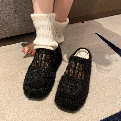 TAMBREET Women's Slippers Winter New Thick Bottom Felt Collocation Color Baotou Cotton Drag Fashion Temperament Increase Nonslip Slippers