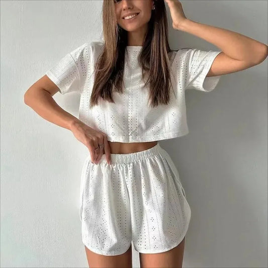 TAMBREET Women's Solid Pajamas Set Summer Casual Women's Short Sleeve Tops Shorts Sleepwear 2 Piece Set Loose Round Neck Home Loungewear