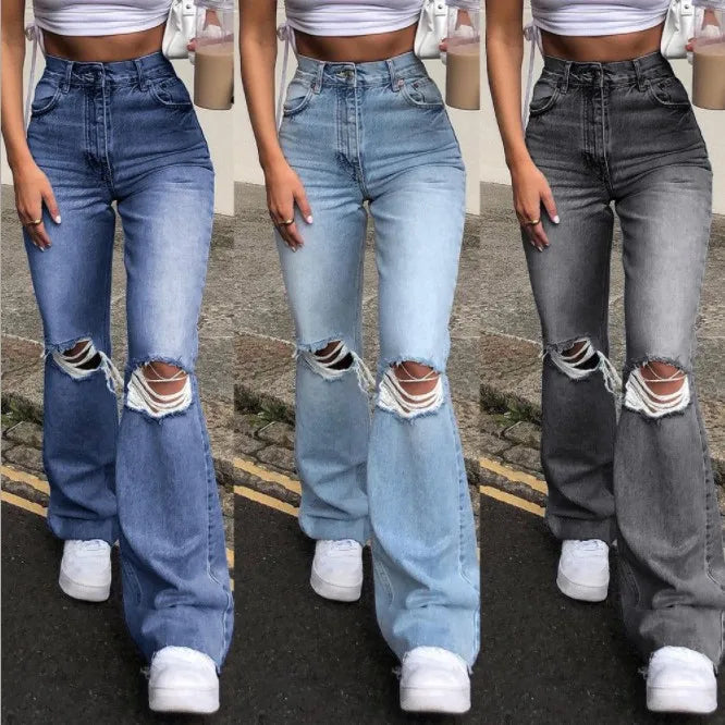 TAMBREET Women's Spring and Fall New Fashion Casual Ripped High-waisted Slightly Flared Pants Jeans Slim-fit Wash Jeans Long Pants Y2k