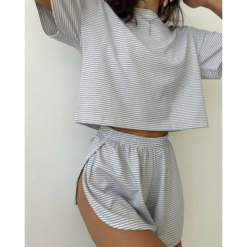 TAMBREET Women's Stripe Knit Pajamas Set Summer Short Sleeve Shorts Sleepwear 2 Piece Set For Women Home Casual Loose Round Neck Suit