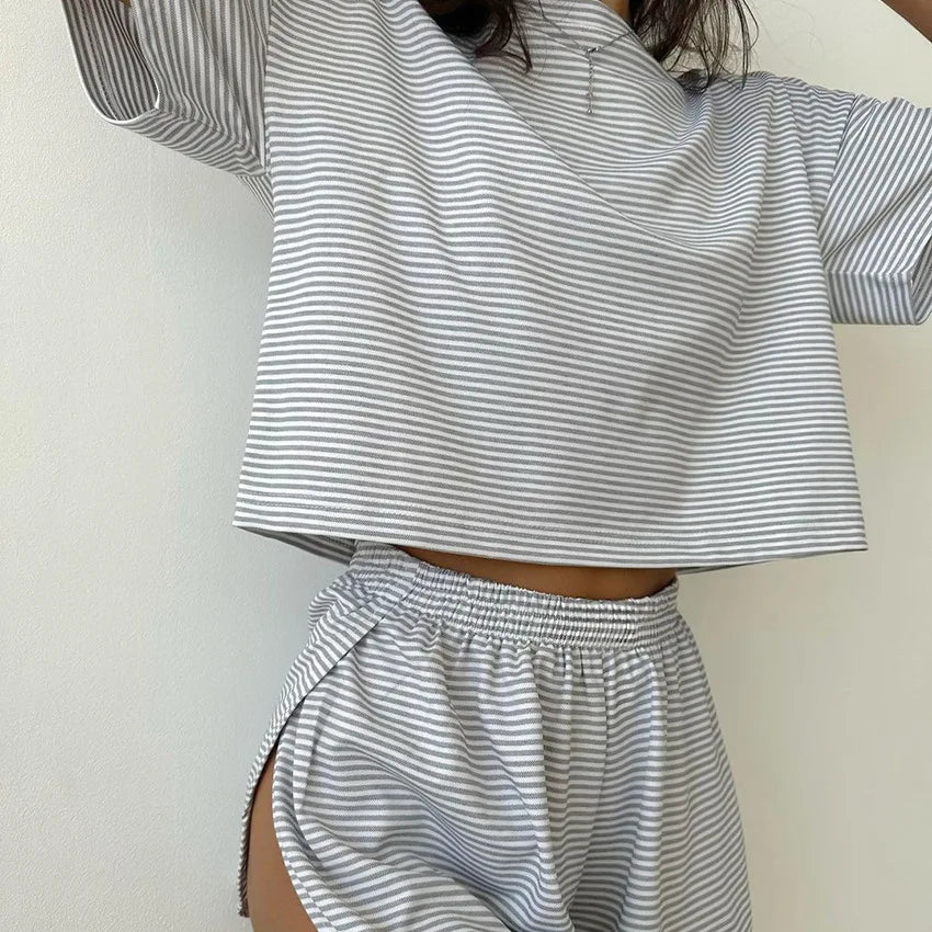 TAMBREET Women's Stripe Knit Pajamas Set Summer Short Sleeve Shorts Sleepwear 2 Piece Set For Women Home Casual Loose Round Neck Suit