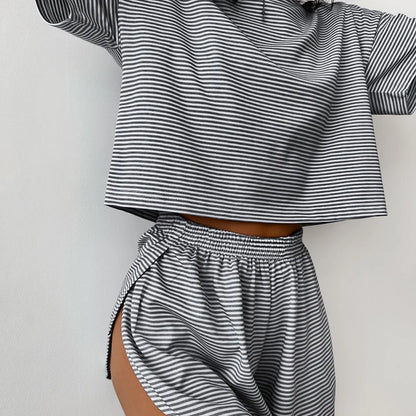 TAMBREET Women's Stripe Knit Pajamas Set Summer Short Sleeve Shorts Sleepwear 2 Piece Set For Women Home Casual Loose Round Neck Suit