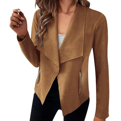 TAMBREET Women's Suit Jacket Solid Suede Lapel Zipper Pocket Office Commuting Formal Slim Cardigan Top Fashion Street Wear S-XL