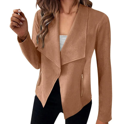 TAMBREET Women's Suit Jacket Solid Suede Lapel Zipper Pocket Office Commuting Formal Slim Cardigan Top Fashion Street Wear S-XL