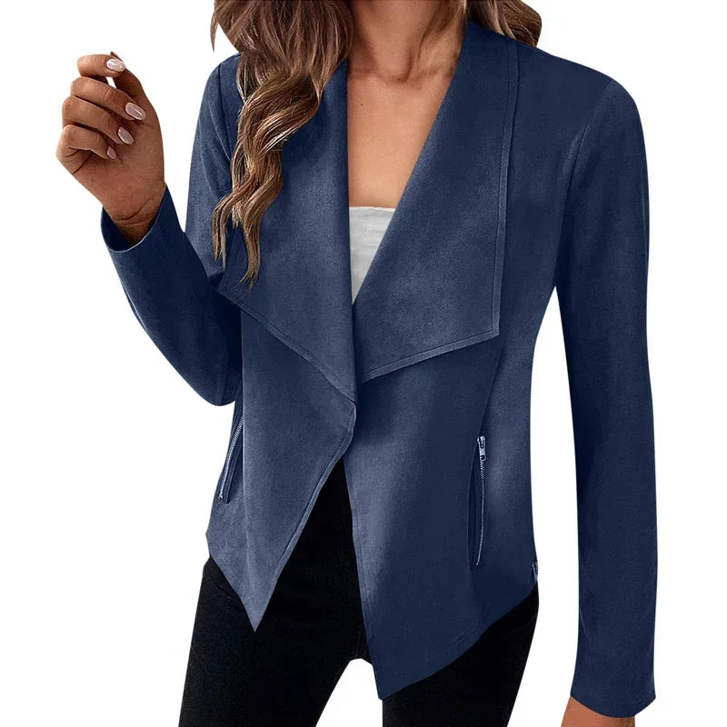 TAMBREET Women's Suit Jacket Solid Suede Lapel Zipper Pocket Office Commuting Formal Slim Cardigan Top Fashion Street Wear S-XL