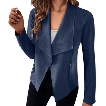 TAMBREET Women's Suit Jacket Solid Suede Lapel Zipper Pocket Office Commuting Formal Slim Cardigan Top Fashion Street Wear S-XL