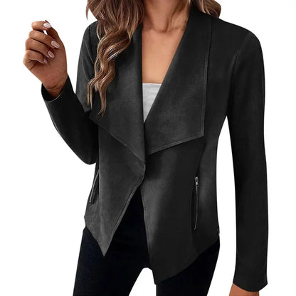 TAMBREET Women's Suit Jacket Solid Suede Lapel Zipper Pocket Office Commuting Formal Slim Cardigan Top Fashion Street Wear S-XL