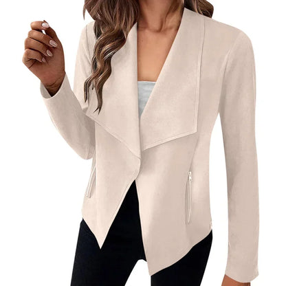 TAMBREET Women's Suit Jacket Solid Suede Lapel Zipper Pocket Office Commuting Formal Slim Cardigan Top Fashion Street Wear S-XL