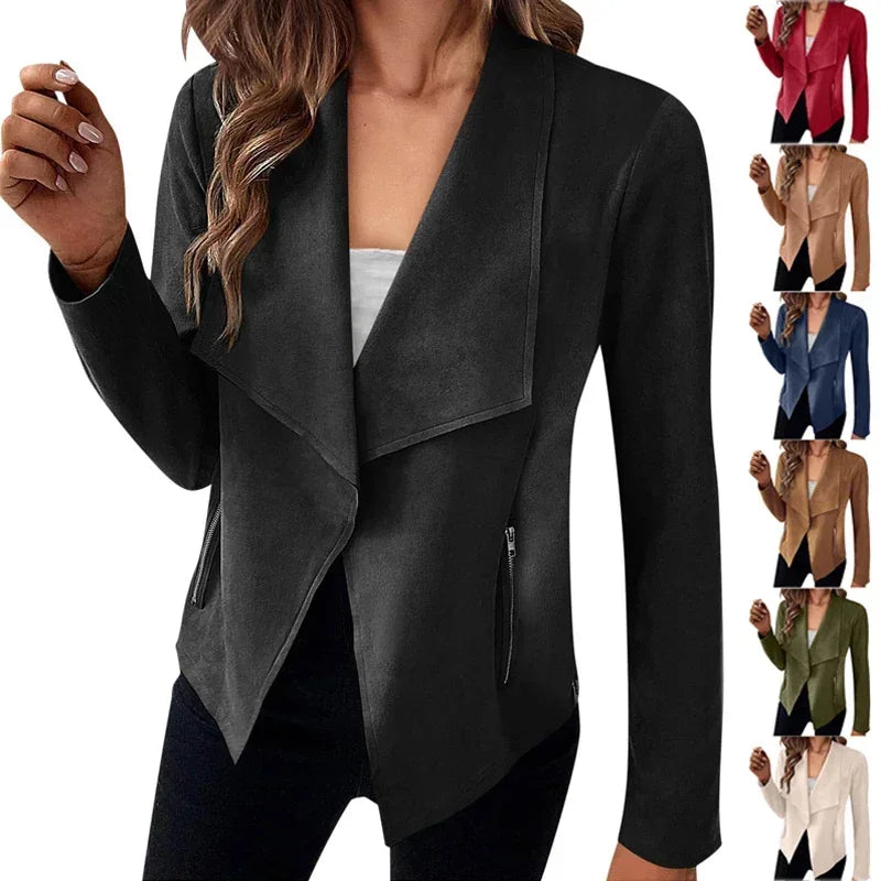 TAMBREET Women's Suit Jacket Solid Suede Lapel Zipper Pocket Office Commuting Formal Slim Cardigan Top Fashion Street Wear S-XL