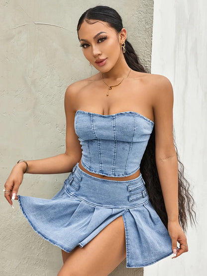 TAMBREET Women's Summer 2PCS Outfit Sets Solid Color Sleeveless Off Shoulder Zipper Bandeau + Pleated Denim Skirt