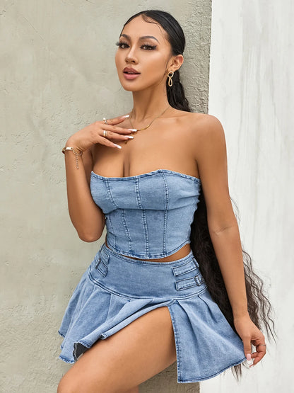 TAMBREET Women's Summer 2PCS Outfit Sets Solid Color Sleeveless Off Shoulder Zipper Bandeau + Pleated Denim Skirt