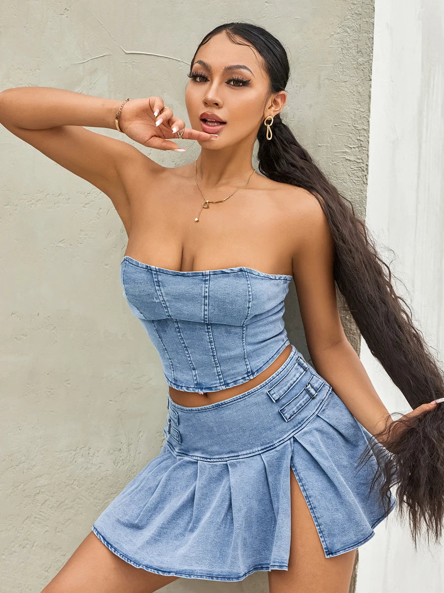 TAMBREET Women's Summer 2PCS Outfit Sets Solid Color Sleeveless Off Shoulder Zipper Bandeau + Pleated Denim Skirt